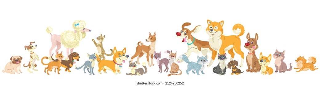 Group Of Funny Dogs And Cats. Different Emotions, Poses And Breeds. Banner In Cartoon Style. Isolated On White Background. Vector Flat Illustration.