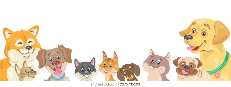 Grupo de perros y gatos graciosos sentados juntos. Día Nacional de la Mascota. Cartel al estilo de las caricaturas. Aislado sobre fondo blanco. Coloca tu texto. Ilustración plana vectorial.