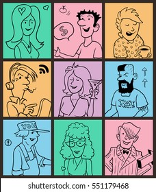 Group of Funny Doodle People in Colorful Boxes. Hand Drawn Vector Illustration for Cover Design.