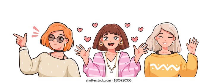 Grupo de graciosos personajes femeninos de anime ilustraciones vectoriales al estilo manga japonés. Retrato de tres chicas saludando con la mano, guiñando el ojo, sonriendo en el amor aislado. Adolescente kawaii con emociones positivas