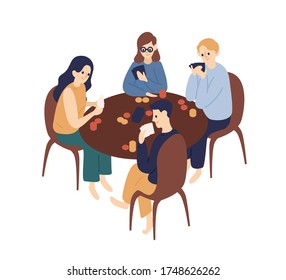 Group of funny friends playing poker together vector flat illustration. Smiling man and woman sitting at table with chips holding cards isolated on white. People enjoy leisure and tabletop game