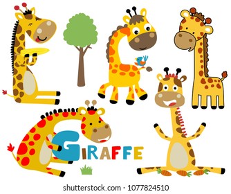 Group of funny giraffe cartoon in different activities