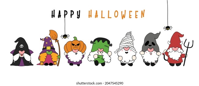 Group of funny Halloween Gnome in character costume, Happy Halloween banner, flat cartoon hand drawn doodle outline