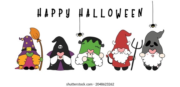 Grupo de divertidos Gnome de Halloween con disfraces de personajes, banner de Happy Halloween, esquema de doodle dibujado a mano de dibujos planos