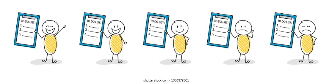 Group of funny hand drawn stickman with empty to do list. Vector