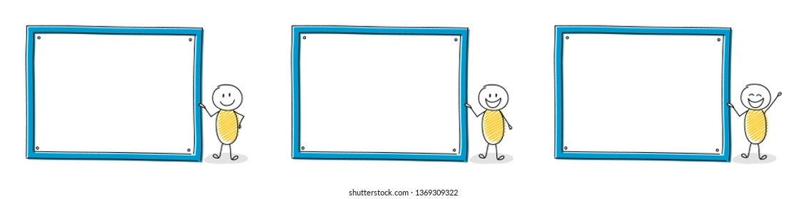 Group of funny hand drawn stickman with empty whiteboard. Vector