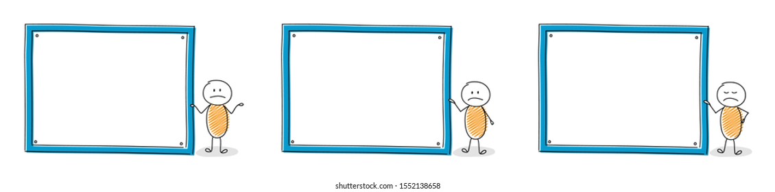 Group of funny hand drawn stickmen with empty whiteboard. Vector