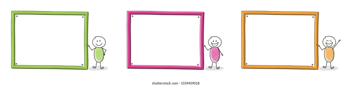 Group of funny hand drawn stickmen with empty whiteboard. Vector