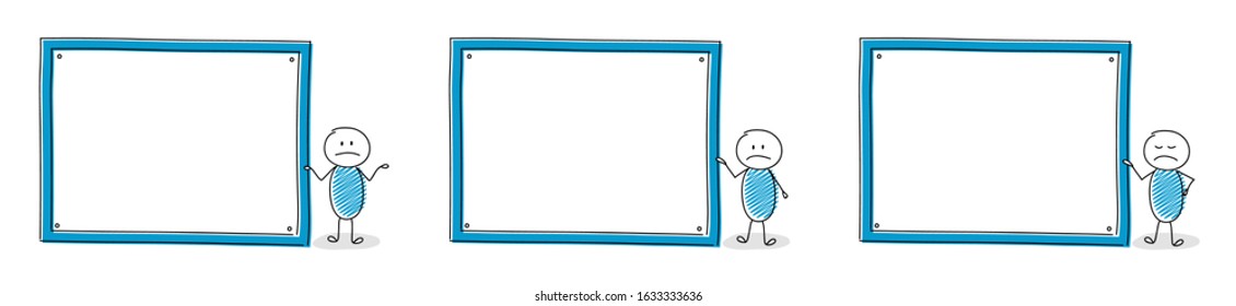 Group of funny hand drawn stickmen with empty whiteboard. Vector