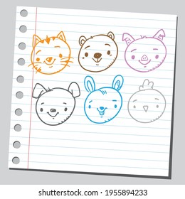 Group of funny happy doodle animals characters.