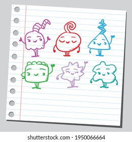 Group of funny happy doodle characters.