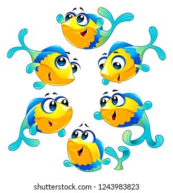 Group of funny and happy fish. Vector cartoon isolated characters.