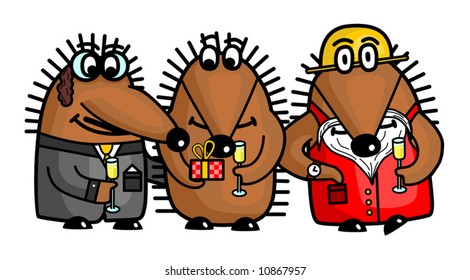 Group of funny hedgehogs celebrating the anniversary. Vector.