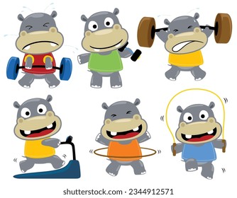 Group of funny hippo cartoon in different sports activities
