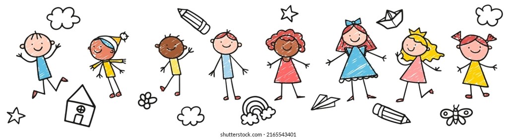 Group of funny jumping kids. friendship concept. Happy cute doodle children. Isolated vector illustration in hand drawn style Children jump together. happy childhood. Doodle hand drawn vector