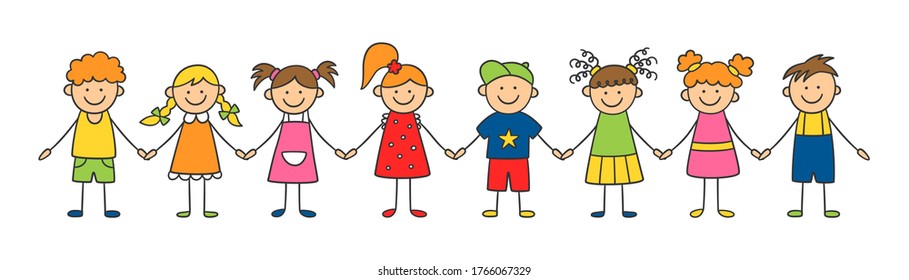 Group of funny kids holding hands. Friendship concept. Happy cute doodle children. Isolated vector illustration in hand drawn style on white background