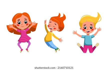 Group of funny kids jumping. Happy girls having fun together cartoon vector illustration