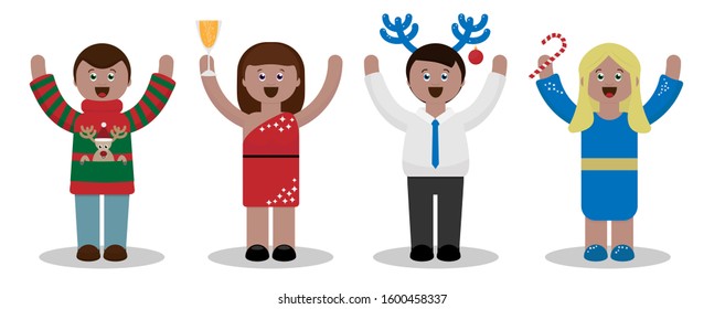 Group of funny laughing people in bright masquerade clothes standing hangs up on a corporate party with glass of champagne and other party attributes. Team building. Isolated vector in flat style.