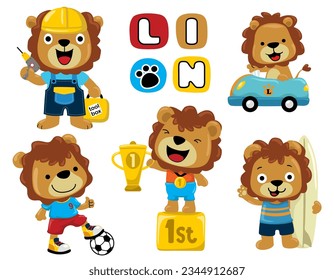 Group of funny lion cartoon in different activities