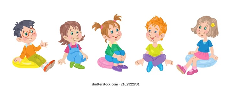 A group of funny little children are sitting on the floor. In cartoon style. Isolated on white background. Vector illustration.