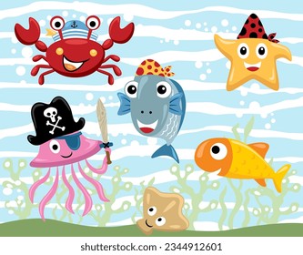 Group of funny marine animals cartoon with pirate costume