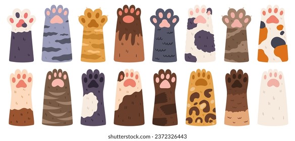 Group of Funny Mixed Breed Cat Paws in Row Isolated on White Background. Animals Hands Raised Up. Elements for Pet Shop, Veterinary Clinic, Shelter or Childish Design. Cartoon Vector Illustration