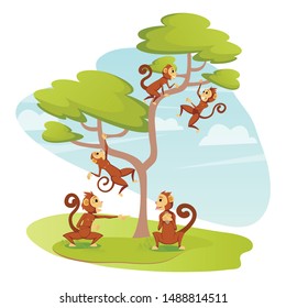 Group of Funny Monkeys Playing on Tree, Jumping and Hanging on Branches, Playful Curious Apes in Outdoor Animal Zoo Park or Nature Environment, Primates Wildlife, Cartoon Flat Vector Illustration