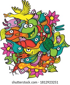 Group of funny and multicolor creatures living in a pond. Flowers, plants, frogs, ducks, insects, lizards, snails, fishes, crabs and other weird creatures compose this vivid and joyful design