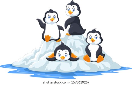 Group of funny penguins playing on ice floe