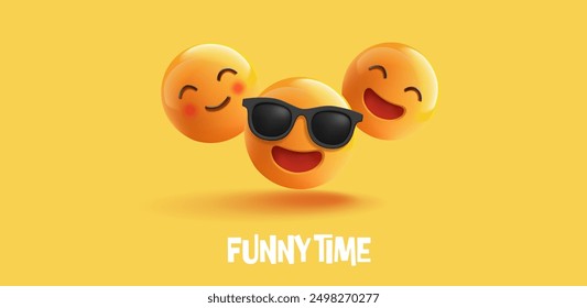 Group of funny, positive emoticons with different happy facial expressions, 3D. For advertising concepts of celebrations, parties, meetings. Time to have fun. Vector illustration.