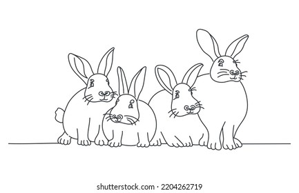 Group of funny rabbits. Hand drawn vector illustration. Black and white.