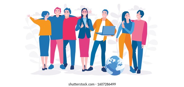 Group of funny smiling multicultural office workers or clerks employees or colleagues. Team, male and female standing together. Vector illustration for web banner, infographics. 