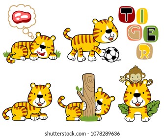 Group of funny tiger cartoon with monkey in different activities