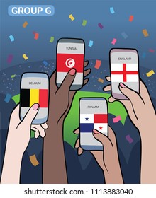 Group G of football (soccer) championship 2018. Multiracial people having fun watching the game. Hands holding smartphones with flags from Belgium, Tunisia, Panama, England. Mobile Apps concept