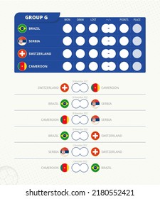 Group G scoreboard of World football 2022 tournament. All games match schedule. Vector flag of Group G.