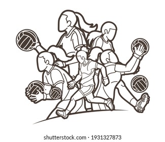 Group of Gaelic Football Female Players Sport Action Cartoon Graphic Vector.	
