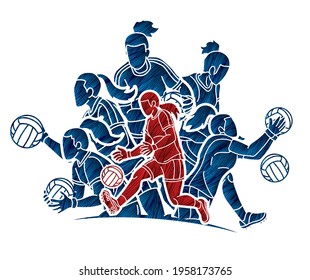 Group of Gaelic Football Female Players Sport Action Cartoon Graphic Vector.