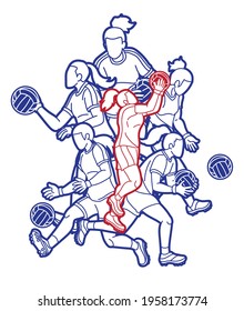 Group of Gaelic Football Female Players Sport Action Cartoon Graphic Vector.