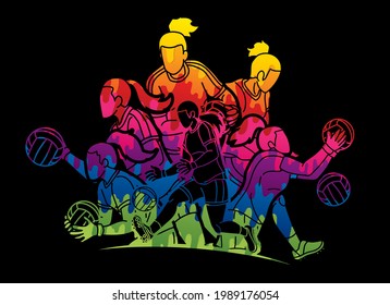 Group of Gaelic Football Female Players Sport Action Cartoon Graphic Vector