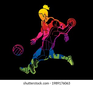 Group of Gaelic Football Female Players Sport Action Cartoon Graphic Vector