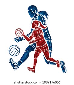 Group of Gaelic Football Female Players Sport Action Cartoon Graphic Vector