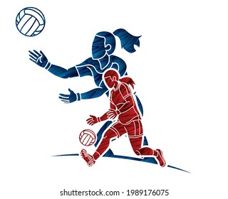 Group of Gaelic Football Female Players Sport Action Cartoon Graphic Vector