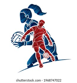 Group of Gaelic Football Male and Female Players Sport Action Cartoon Graphic Vector