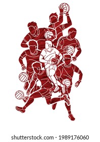 Group of Gaelic Football Male Players Sport Action Cartoon Graphic Vector