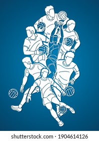 Group of Gaelic Football Men Players Action Cartoon Graphic Vector.