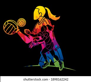Group of Gaelic Football Women Players Action Cartoon Graphic Vector