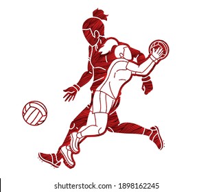 Group of Gaelic Football Women Players Action Cartoon Graphic Vector