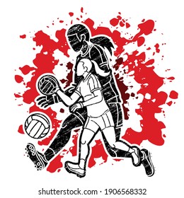 Group of Gaelic Football Women Players Action Cartoon Graphic Vector.