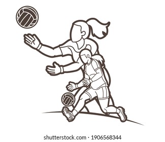 Group of Gaelic Football Women Players Action Cartoon Graphic Vector.