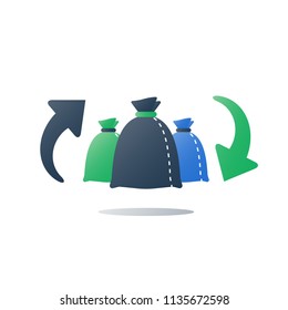 Group of garbage bags, separate collection, sorted rubbish, recycle program arrows, utilization concept, gathered in green and black sacks, vector flat icon